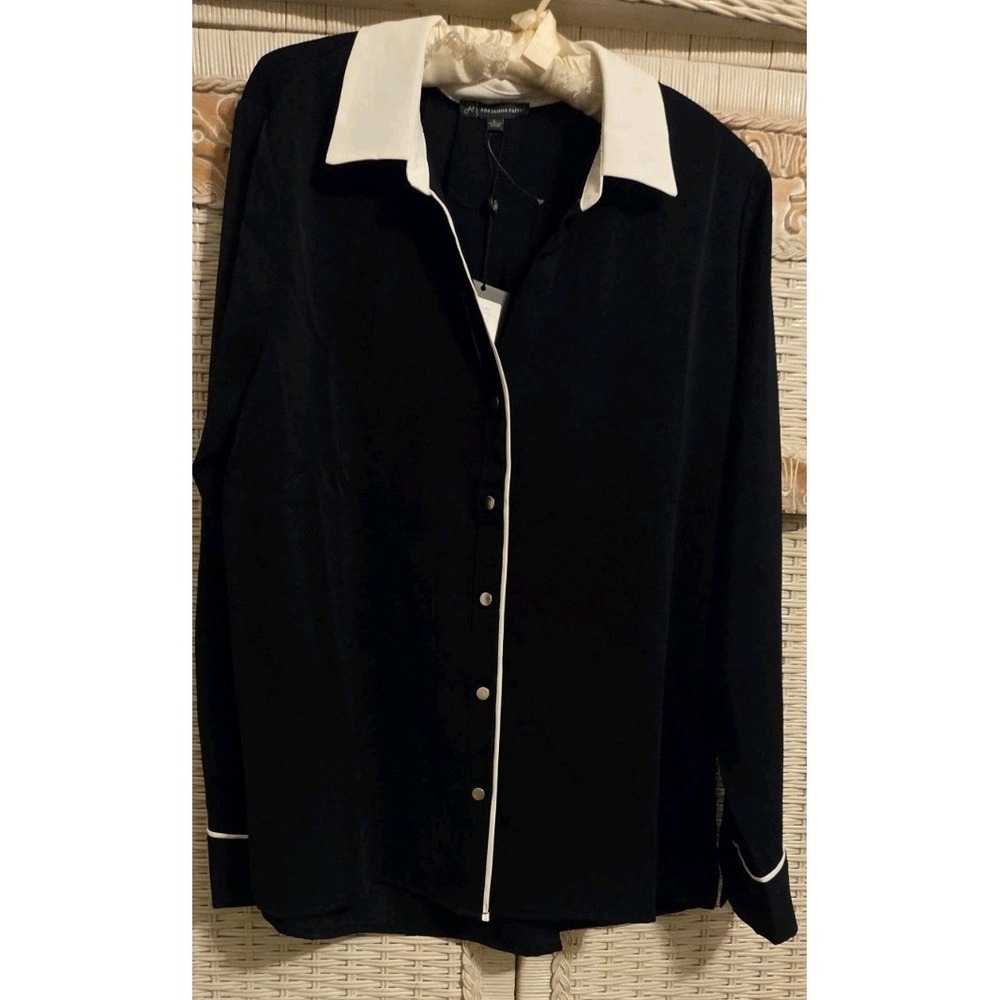 Adrianna Papell Button Down Shirt Navy White Womens Soft Feminine Classic Lg NWT
